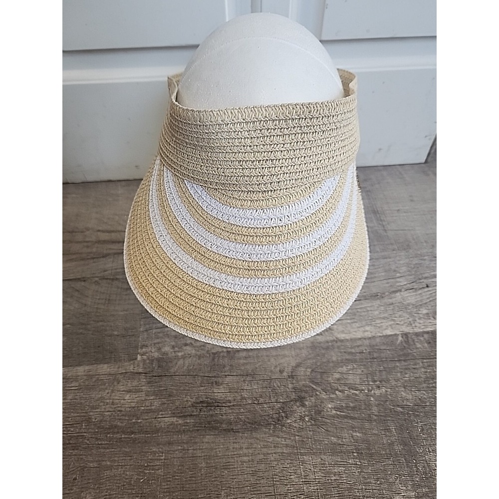 Anne Klein Womens Straw Sun Visor Hat Tan White Striped Adjustable Wide Brim